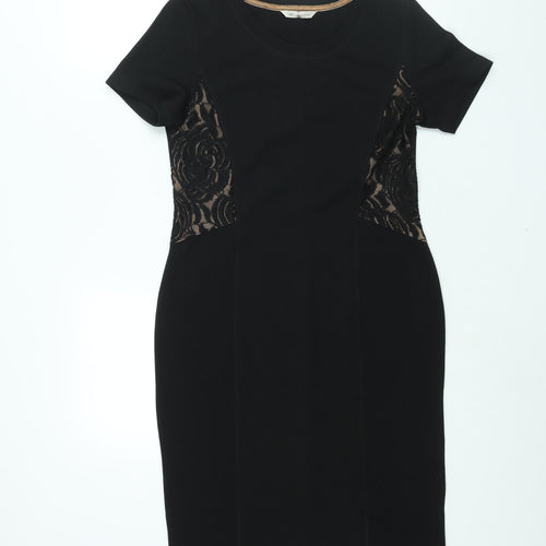 Marks and Spencer Womens Black Polyester Bodycon Size 12 Round Neck Pullover - Lace Panel