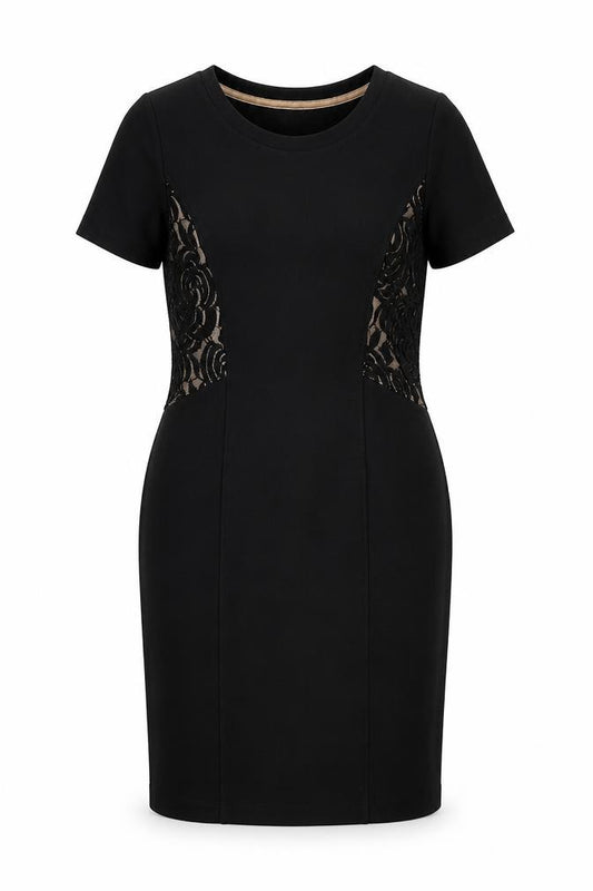 Front view of Marks & Spencer women’s black polyester bodycon, size UK 12, round neck pullover - lace panel