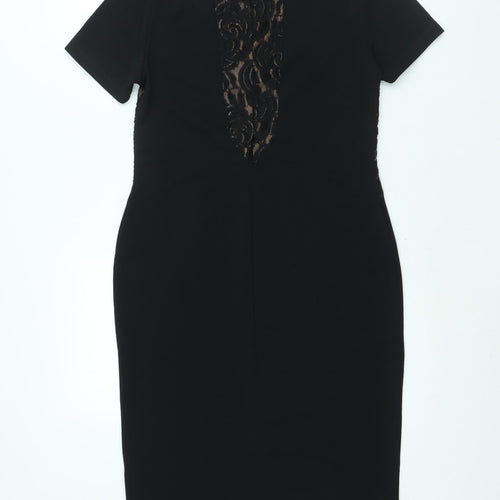 Marks and Spencer Womens Black Polyester Bodycon Size 12 Round Neck Pullover - Lace Panel