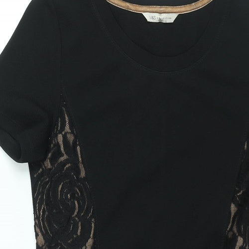 Marks and Spencer Womens Black Polyester Bodycon Size 12 Round Neck Pullover - Lace Panel