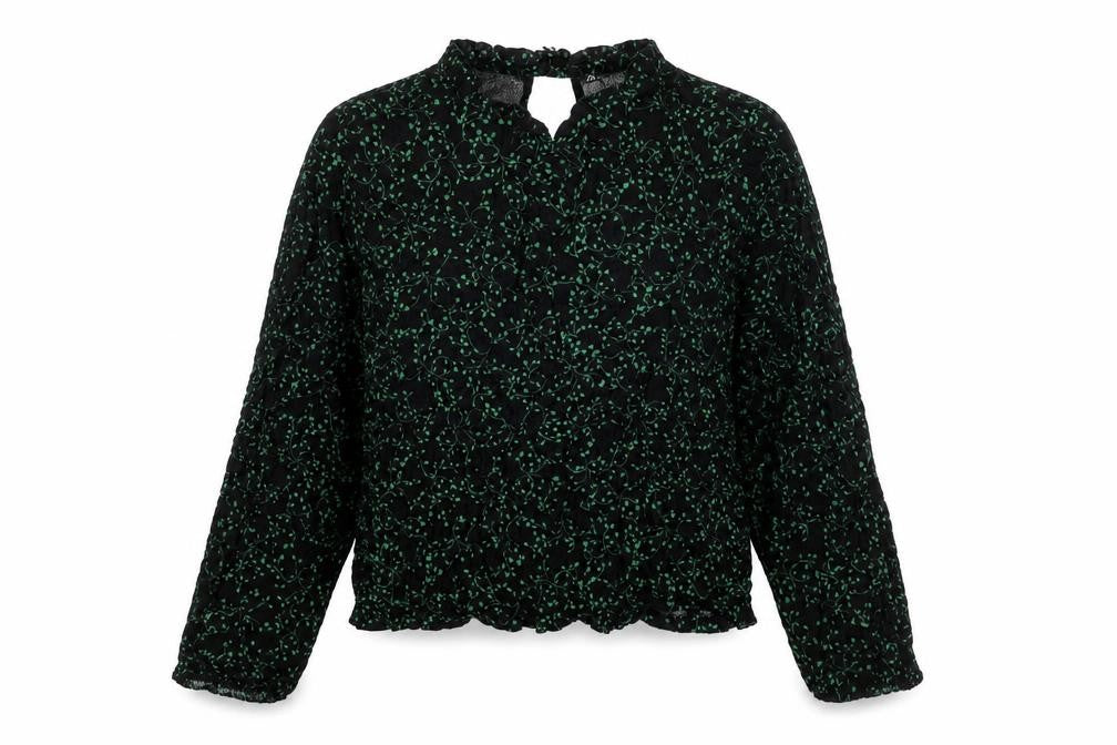 Front view of Zara women’s black geometric polyester basic blouse, size L, round neck