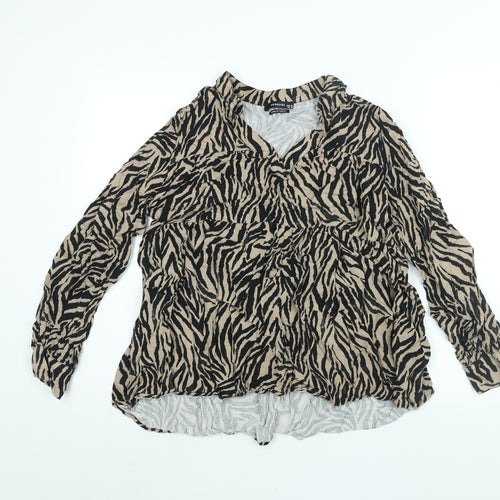 RESERVED Womens Brown Animal Print Viscose Basic Blouse Size 12 V-Neck - Smocked Tiger Print