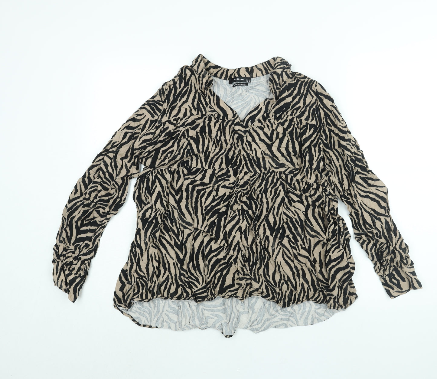RESERVED Womens Brown Animal Print Viscose Basic Blouse Size 12 V-Neck - Smocked Tiger Print
