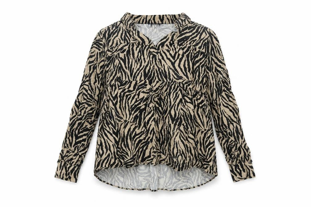 RESERVED Womens Brown Animal Print Viscose Basic Blouse Size 12 V-Neck - Smocked Tiger Print
