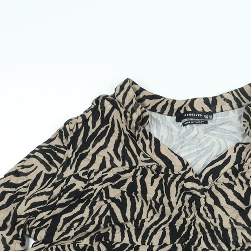 RESERVED Womens Brown Animal Print Viscose Basic Blouse Size 12 V-Neck - Smocked Tiger Print
