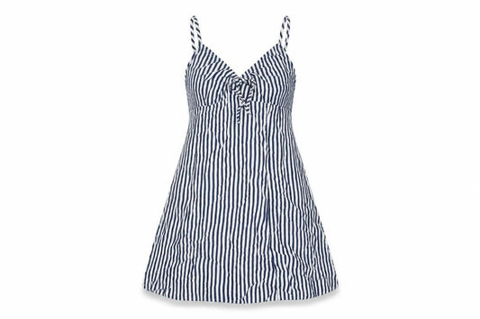 Front view of Divided by H&M women’s blue striped viscose a-line, size UK 8, v-neck zip
