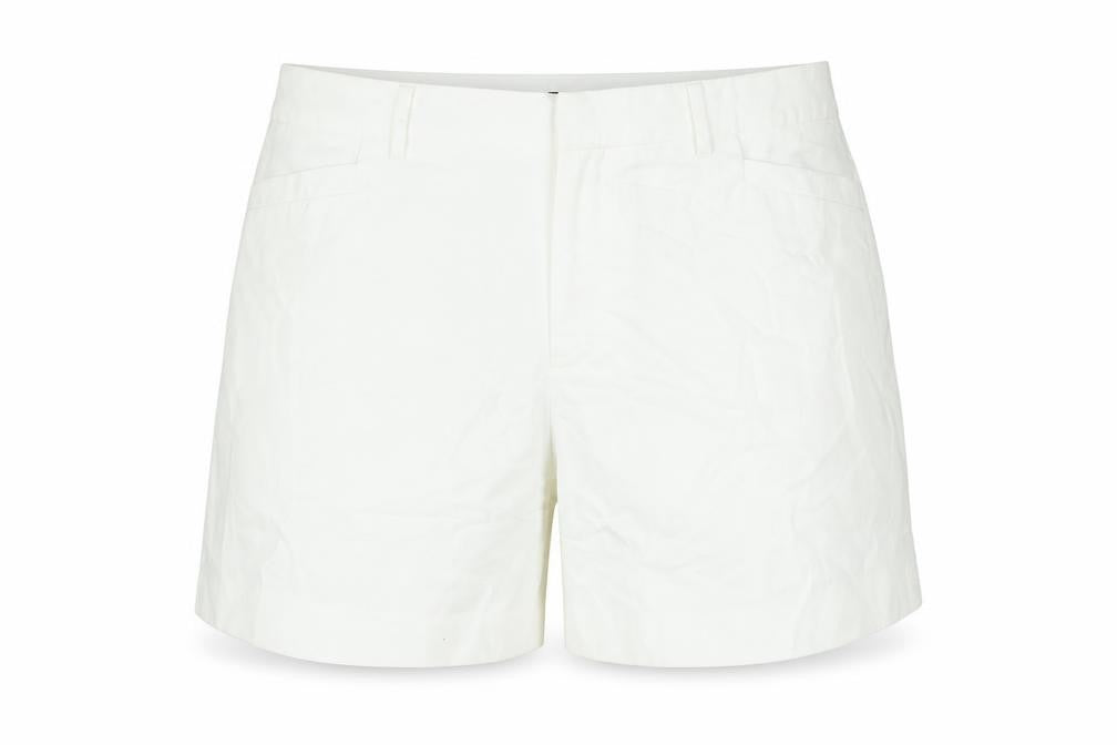 Front view of Susan Miller women’s white polyester basic shorts, size UK 10, 5-inch leg regular zip