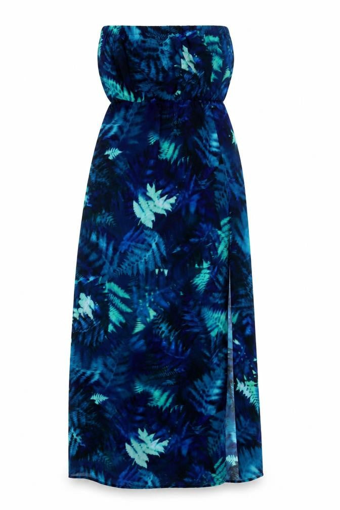 Front view of Divided by H&M women’s blue geometric polyester maxi, size UK 10, square neck pullover - front slit