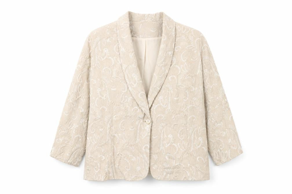 Front view of Milano women’s pink geometric jacket, size UK 26, button