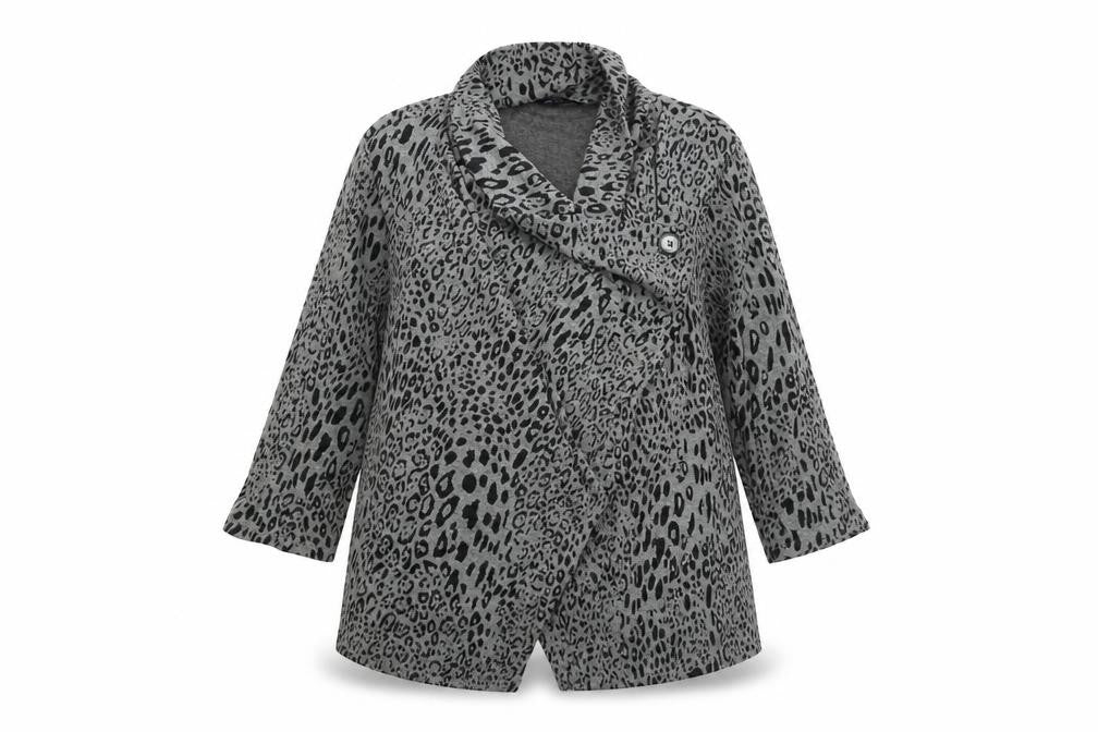 Front view of Marks & Spencer women’s grey roll neck polyester jumper, size UK 18, - button leopard print