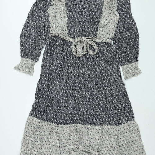 Marks and Spencer Womens Black Geometric Viscose Shift Size 12 Mock Neck Button - Frill Belted
