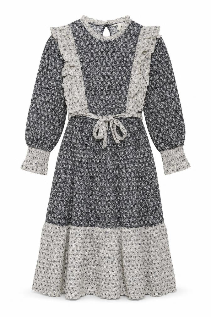 Front view of Marks & Spencer women’s black geometric viscose shift, size UK 12, mock neck button - frill belted