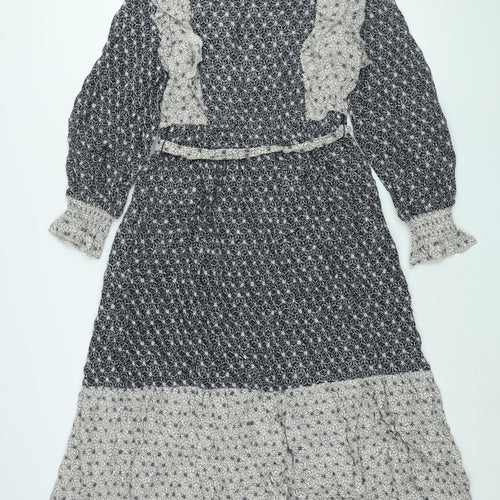 Marks and Spencer Womens Black Geometric Viscose Shift Size 12 Mock Neck Button - Frill Belted