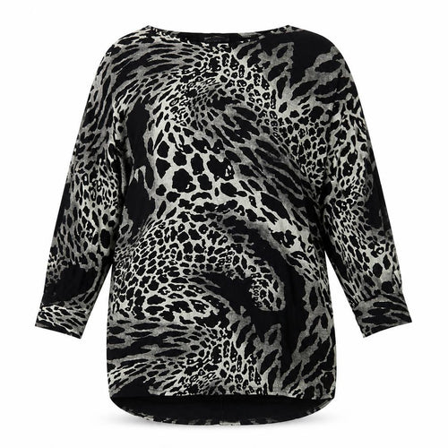 QED London Womens Black Animal Print Viscose Tunic Blouse Size S Round Neck - Leopard Print