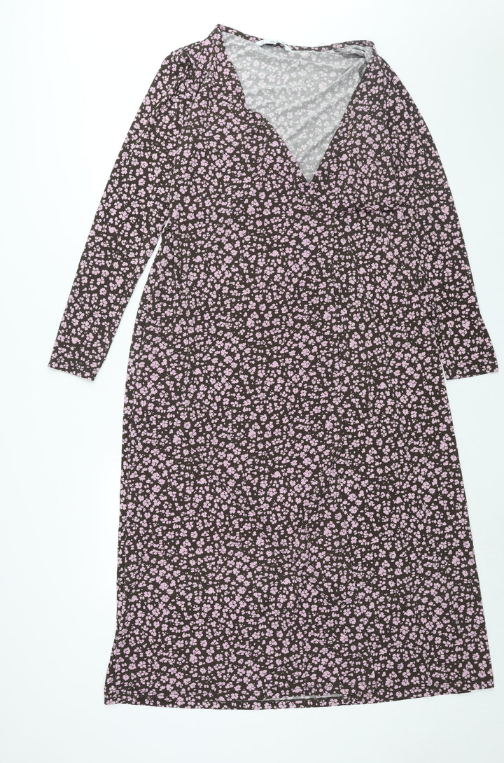 Mango Womens Pink Floral Polyester Wrap Dress Size M V-Neck Tie