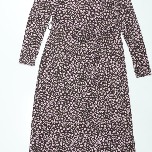 Mango Womens Pink Floral Polyester Wrap Dress Size M V-Neck Tie