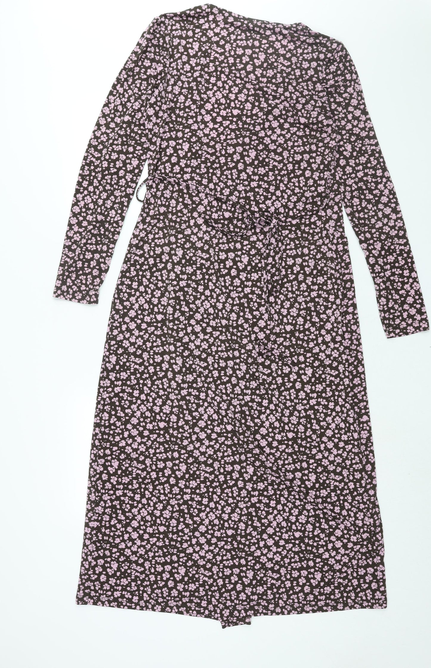 Mango Womens Pink Floral Polyester Wrap Dress Size M V-Neck Tie
