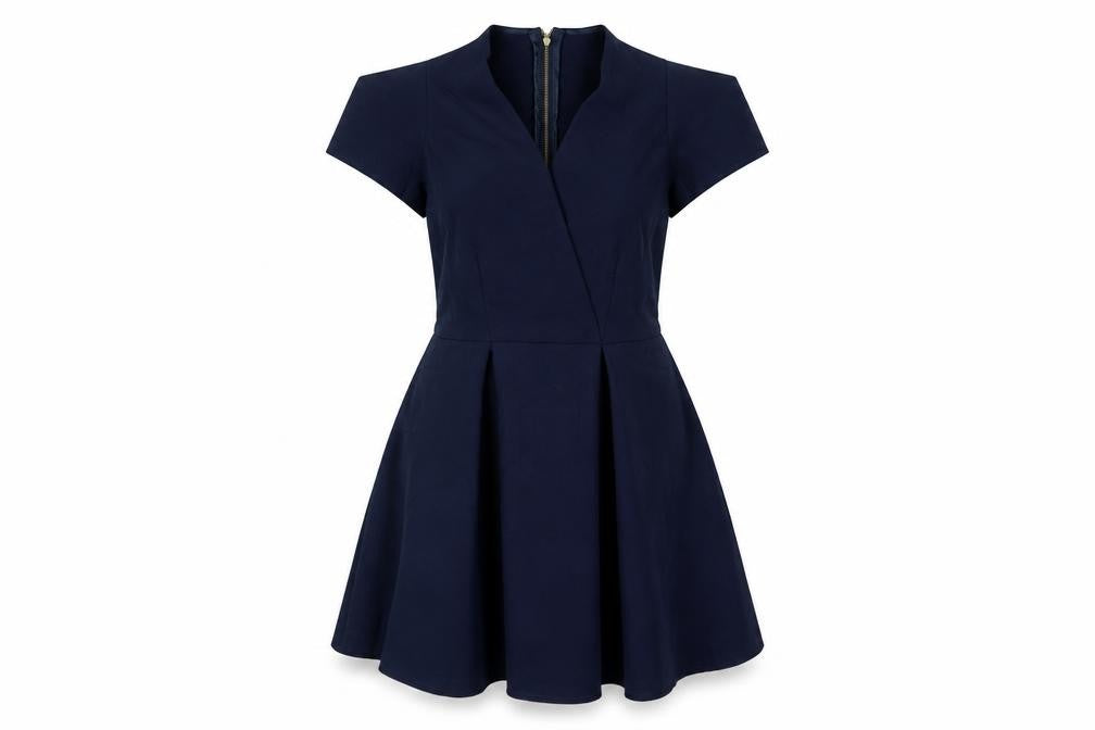 Front view of Closet women’s blue polyester a-line, size UK 8, v-neck zip - pleated