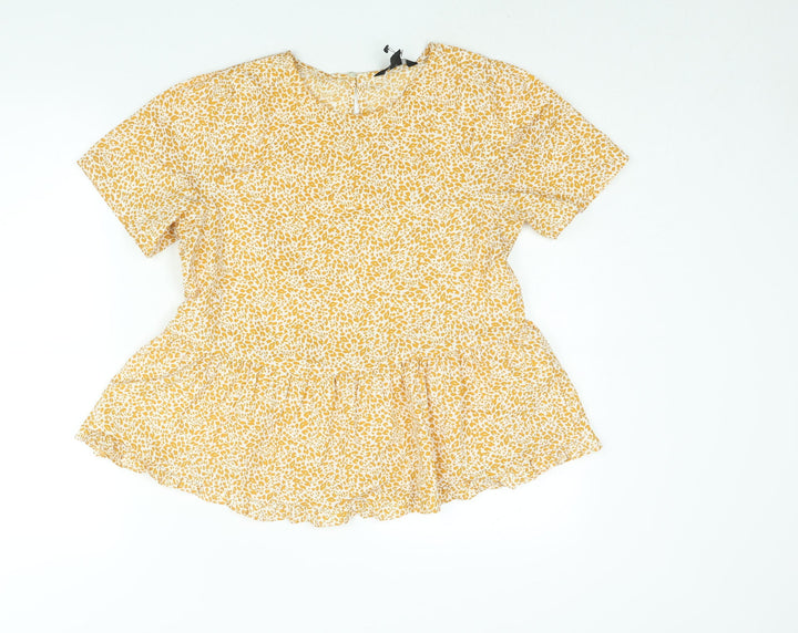 New Look Womens Yellow Animal Print Polyester Basic Blouse Size 10 Round Neck - Peplum Leopard Print
