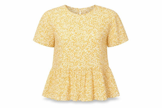 Front view of New Look women’s yellow animal print polyester basic blouse, size UK 10, round neck - peplum leopard print