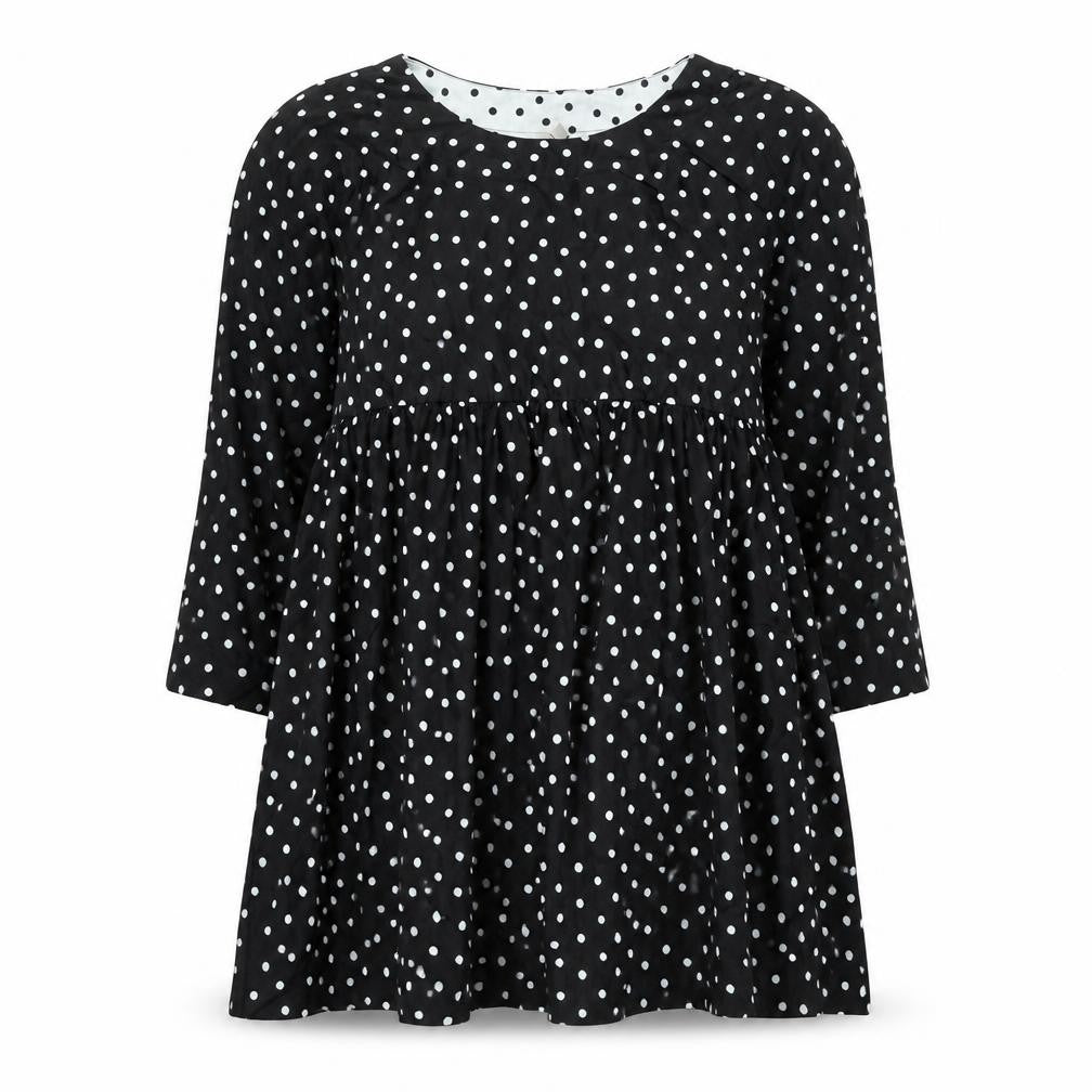 Front view of ASOS women’s black polka dot polyester a-line, size UK 12, round neck pullover