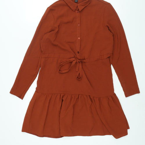 New Look Womens Brown Polyester Shirt Dress Size 10 Collared Button - Drawstring Waist
