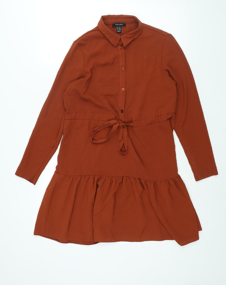 New Look Womens Brown Polyester Shirt Dress Size 10 Collared Button - Drawstring Waist