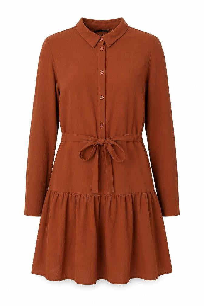 Front view of New Look women’s brown polyester shirt dress, size UK 10, collared button - drawstring waist