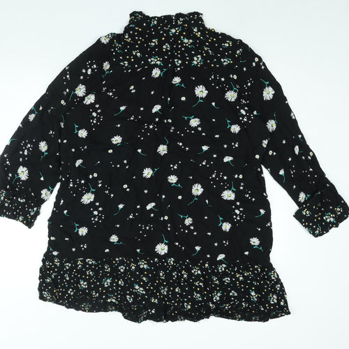 Marks and Spencer Womens Black Floral Viscose Shirt Dress Size 14 Mock Neck Button