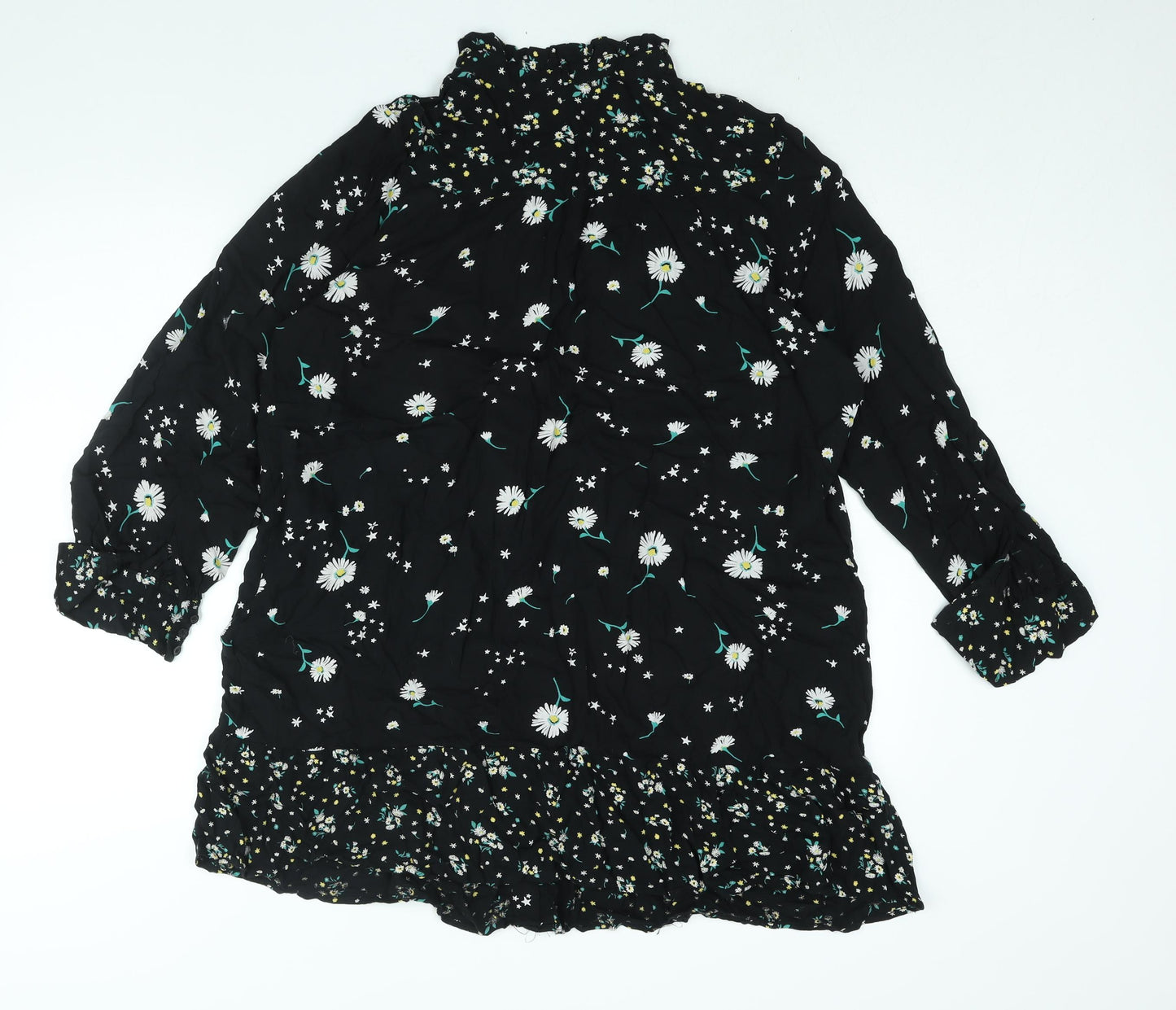 Marks and Spencer Womens Black Floral Viscose Shirt Dress Size 14 Mock Neck Button
