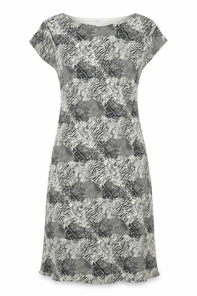 Front view of Essentials women’s black geometric viscose shift, size UK 10, round neck pullover