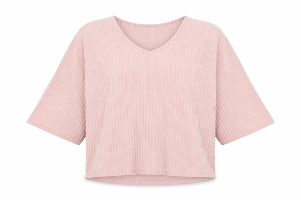 Front view of New Look women’s pink polyester basic blouse, size L, v-neck