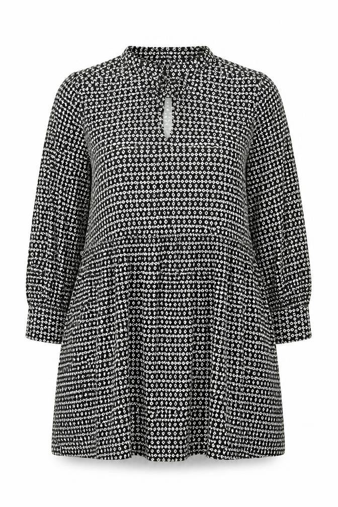 Front view of Marks & Spencer women’s black geometric polyester shift, size UK 18, collared tie