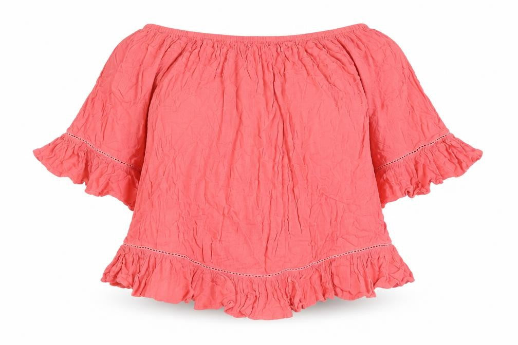 Front view of Yours women’s pink viscose basic blouse, size UK 22, off the shoulder - frill