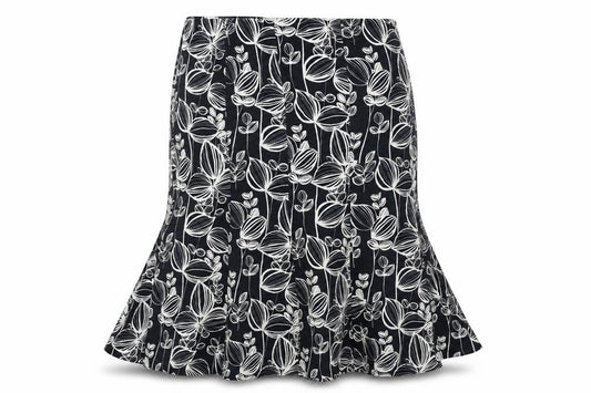 Front view of Country Casuals women’s blue geometric linen trumpet skirt, size UK 16, zip