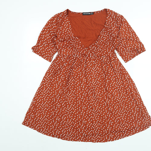 PRETTYLITTLETHING Womens Brown Polka Dot Viscose A-Line Size 10 V-Neck Pullover - Belted
