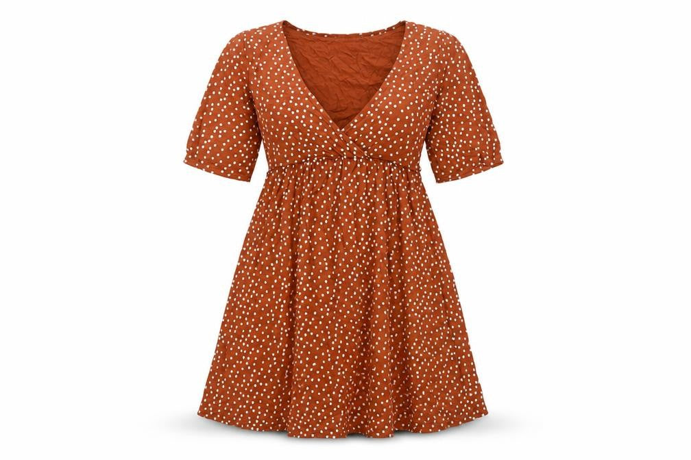Front view of PRETTYLITTLETHING women’s brown polka dot viscose a-line, size UK 10, v-neck pullover - belted