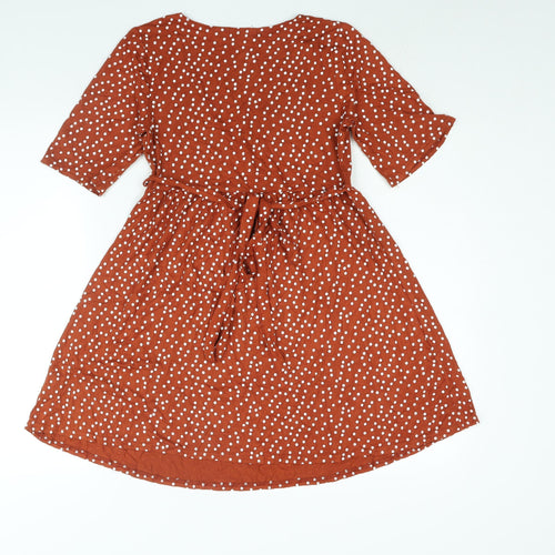 PRETTYLITTLETHING Womens Brown Polka Dot Viscose A-Line Size 10 V-Neck Pullover - Belted