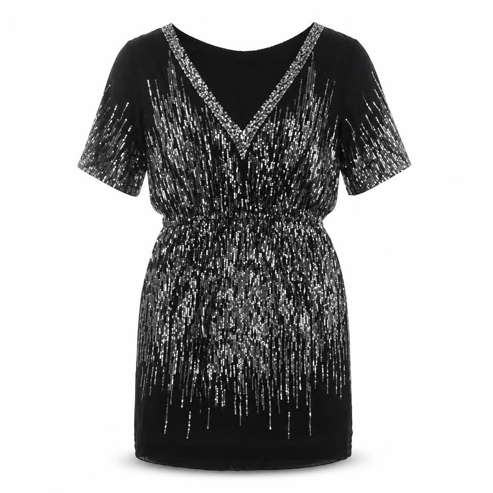 Front view of Warehouse women’s black polyester shift, size UK 12, v-neck pullover - sequin