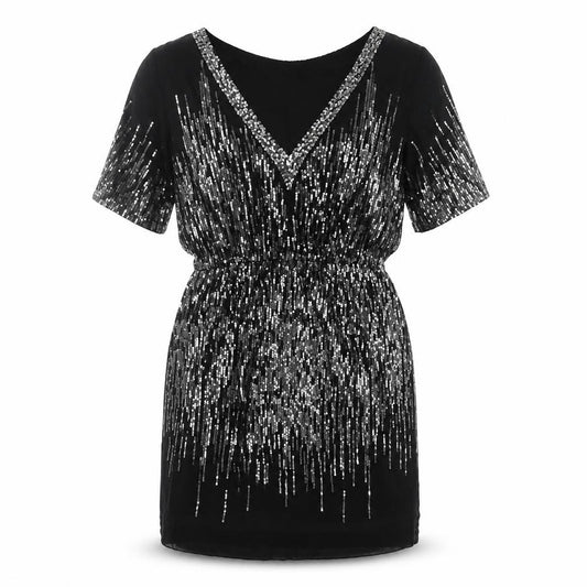 Front view of Warehouse women’s black polyester shift, size UK 12, v-neck pullover - sequin