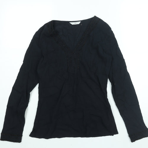 New Look Womens Black Cotton Basic Blouse Size 8 V-Neck - Beading Detail
