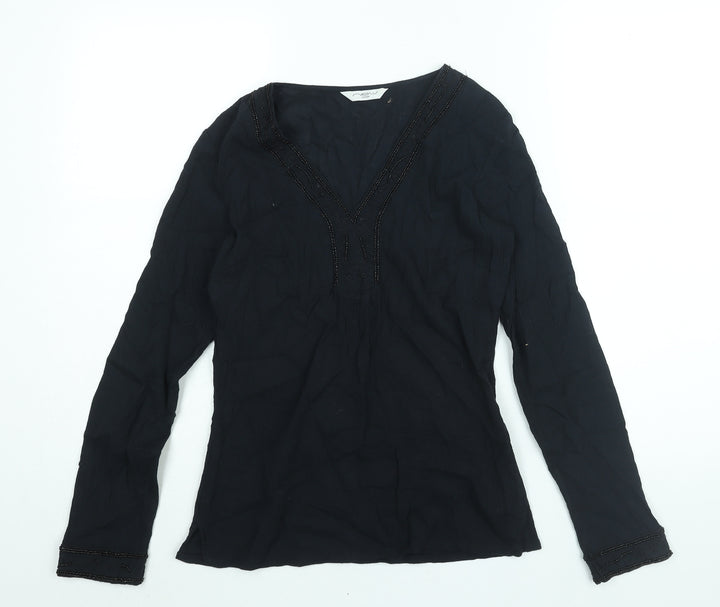 New Look Womens Black Cotton Basic Blouse Size 8 V-Neck - Beading Detail