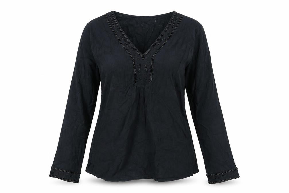 Front view of New Look women’s black cotton basic blouse, size UK 8, v-neck - beading detail