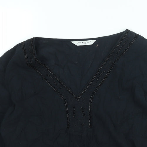 New Look Womens Black Cotton Basic Blouse Size 8 V-Neck - Beading Detail