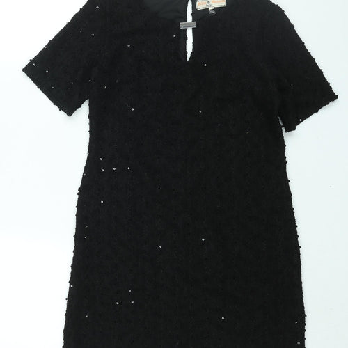 Dorothy Perkins Womens Black Polyester Mini Size 6 Round Neck Button - Textured Sequin
