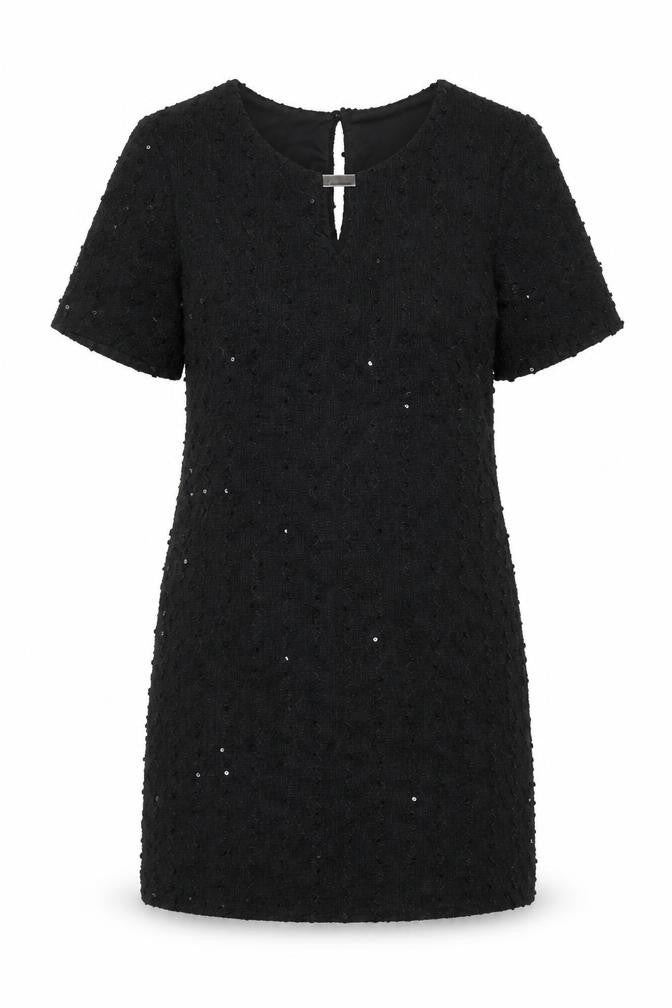 Front view of Dorothy Perkins women’s black polyester mini, size UK 6, round neck button - textured sequin