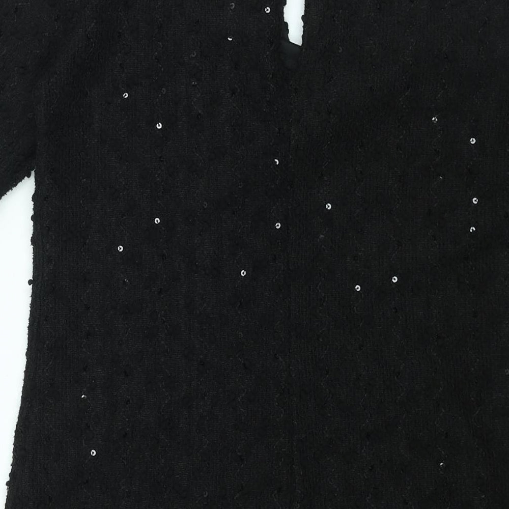 Dorothy Perkins Womens Black Polyester Mini Size 6 Round Neck Button - Textured Sequin