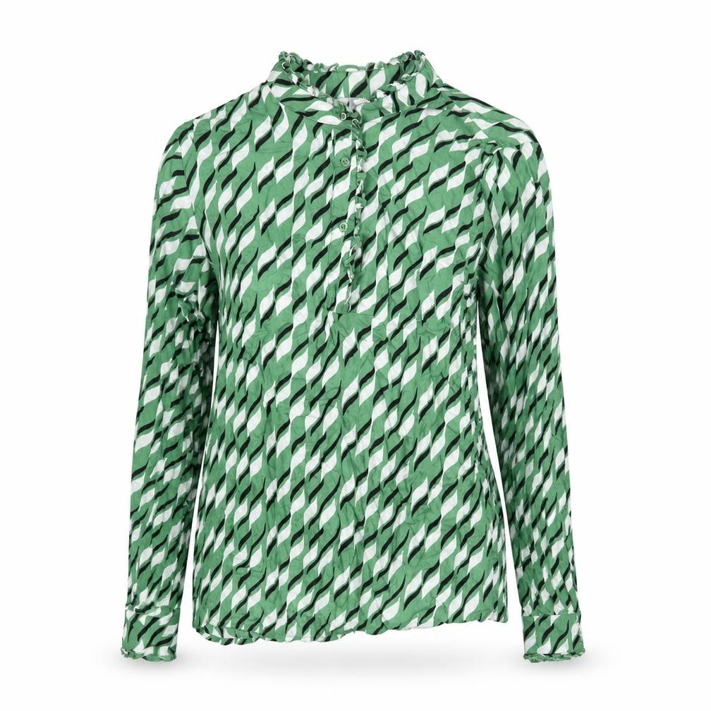Front view of Fransa women’s green geometric viscose basic blouse, size S, mock neck