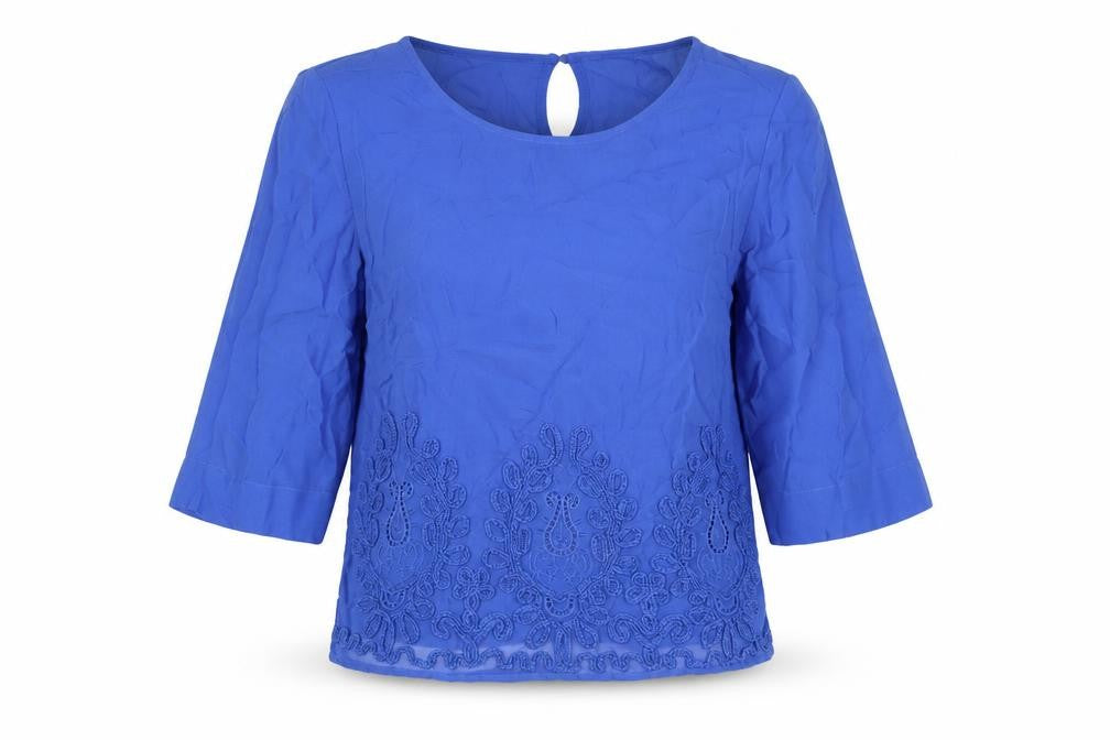 Front view of Monsoon women’s blue viscose basic blouse, size UK 10, round neck - embroidered