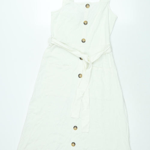 Dorothy Perkins Womens White Polyester Shift Size 12 Square Neck Pullover - Belted Button Detail